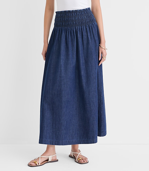 Petite Chambray Smocked Midi Skirt