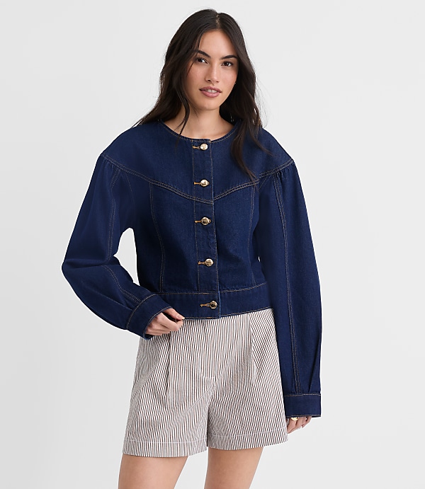 Petite Balloon Sleeve Denim Jacket in Classic Rinse Wash