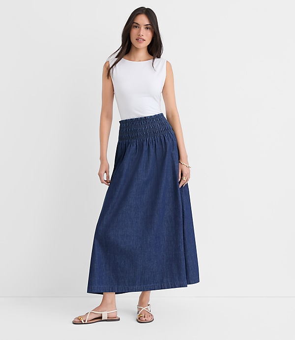 Chambray Smocked Midi Skirt