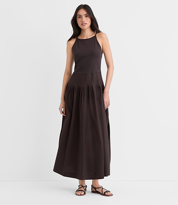 Pleated Mixed Media Midi Halter Dress