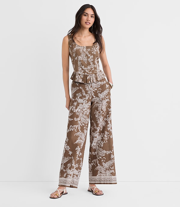 Floral Pull On Wide Leg Pants in Linen Cotton