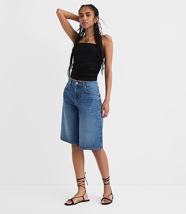 Rivete Petite High Rise Denim Bermuda Shorts in Dark Wash