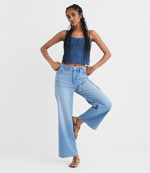 Rivete Tall High Rise Wide Leg Crop Jeans in Bright Medium Stonewash