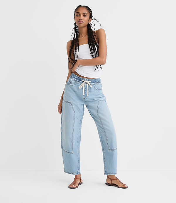 Rivete Utility High Rise Pull On Jeans in Light Wash Indigo