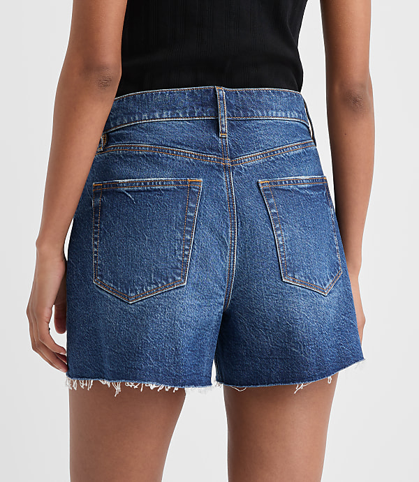 Rivete Destructed High Rise Cut Off Denim Shorts in Dark Wash