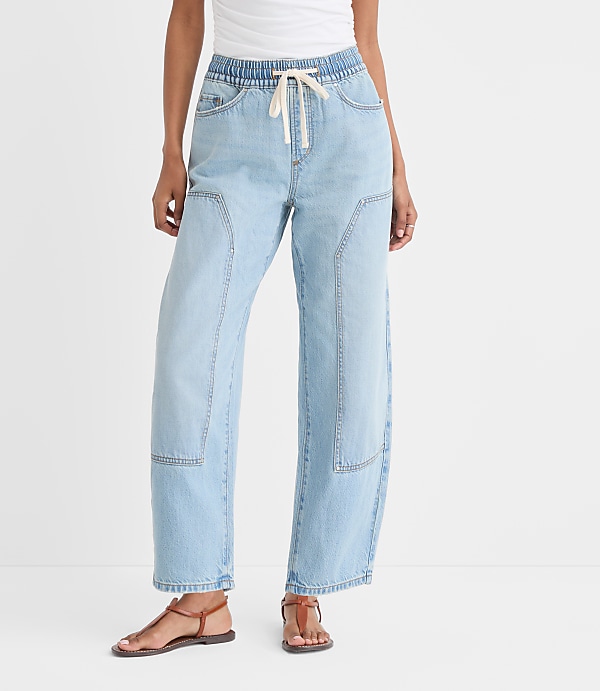 Rivete Tall Curvy Utility High Rise Pull On Jeans in Light Wash Indigo