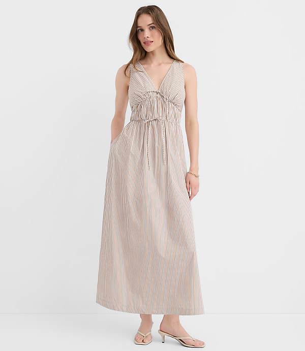 Petite Striped Bow Poplin Midi Pocket Dress