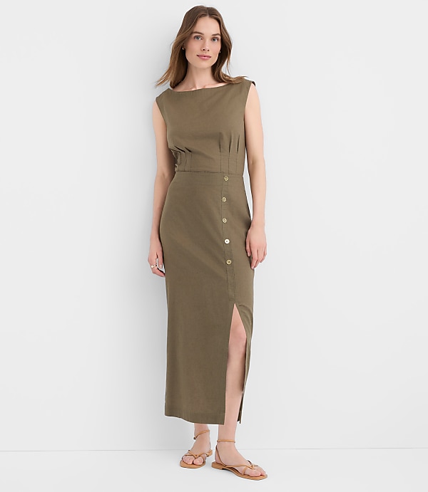Petite Linen Cotton Button Trim Midi Skirt