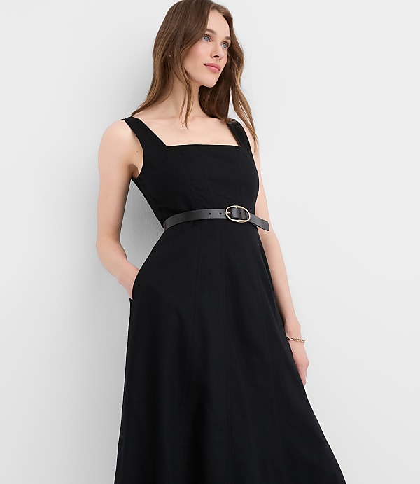 Petite Linen Cotton Seamed Midi Pocket Dress