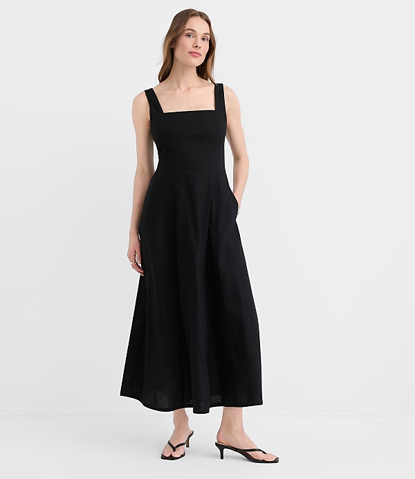 Linen Cotton Seamed Midi Pocket Dress