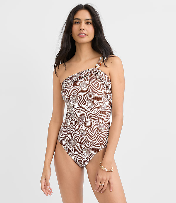 LOFT Beach Seashell Beaded One Shoulder One Piece Swimsuit