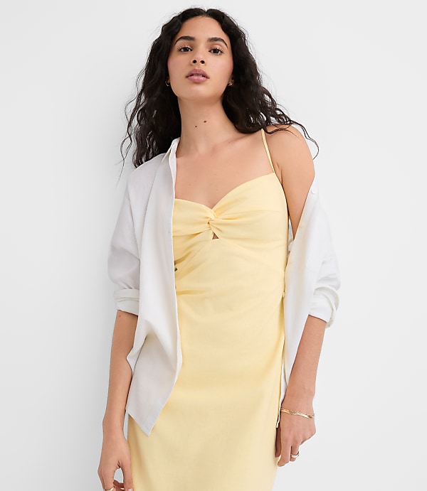 Sun Palm Linen Cotton Cutout Twist Midi Dress