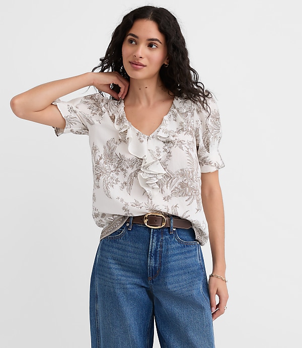 Floral Toile Pintucked Ruffle Blouse