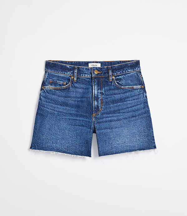 Rivete Curvy Destructed High Rise Cut Off Denim Shorts in Dark Wash
