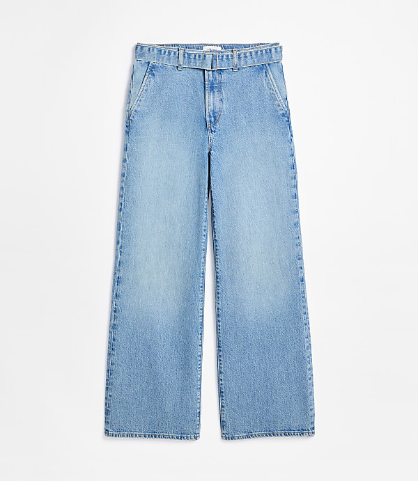 Rivete Curvy Belted High Rise Wide Leg Jeans in Light Wash