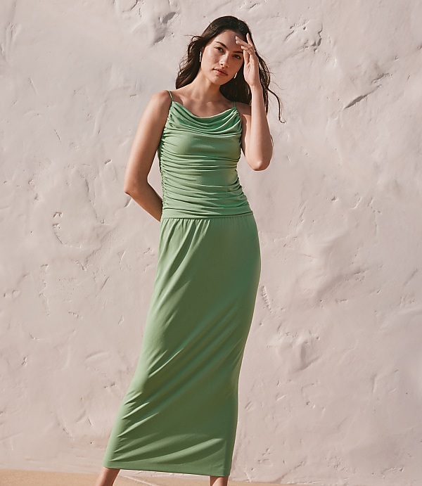 Ruched Apron Neck Midi Dress