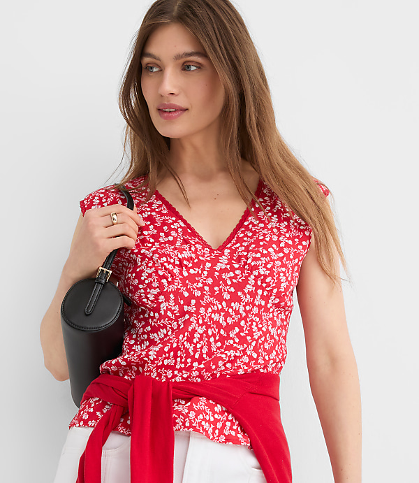 Petite Floral Lace Trim Cap Sleeve Top
