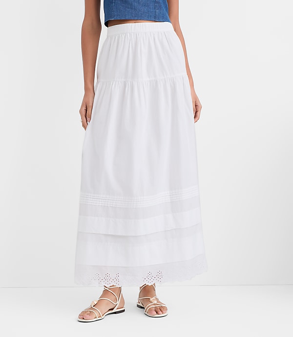 Scalloped Eyelet Pintucked Maxi Skirt