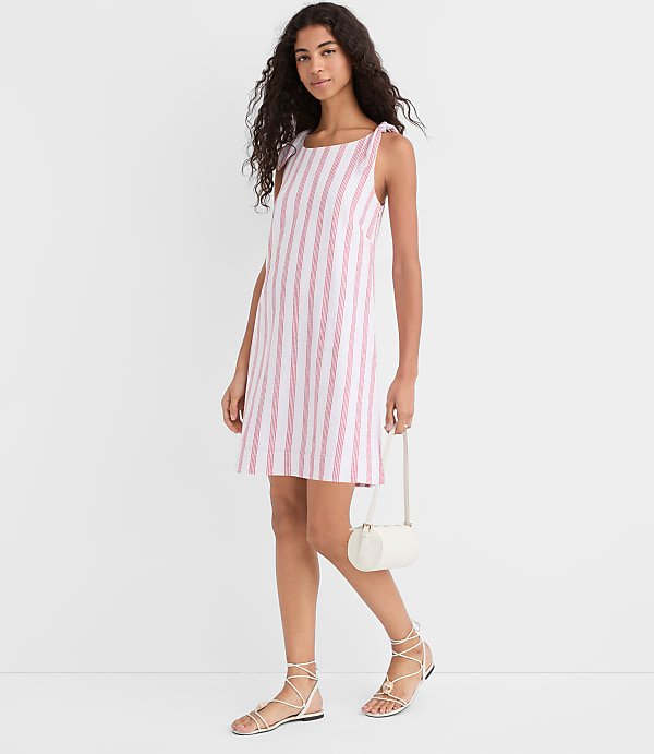 Striped Linen Cotton Tie Boatneck Mini Dress