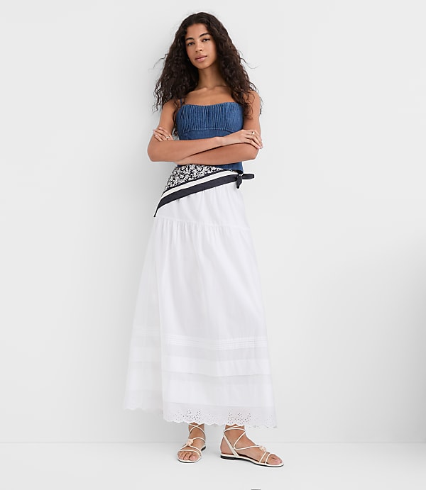 Scalloped Eyelet Pintucked Maxi Skirt