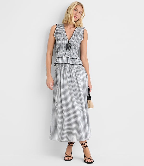 Plaid Smocked Midi Skirt