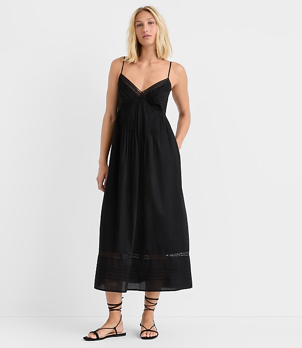 Strappy Lace Trim Pintucked Midi Pocket Dress
