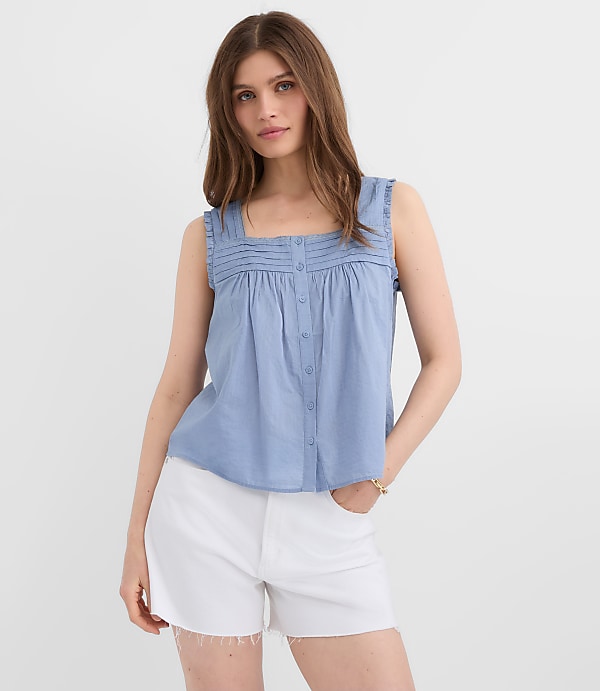 Petite Pintucked Square Neck Blouse
