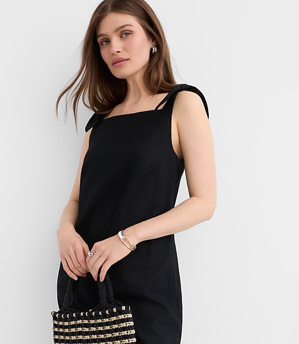 Petite Linen Cotton Tie Boatneck Midi Dress