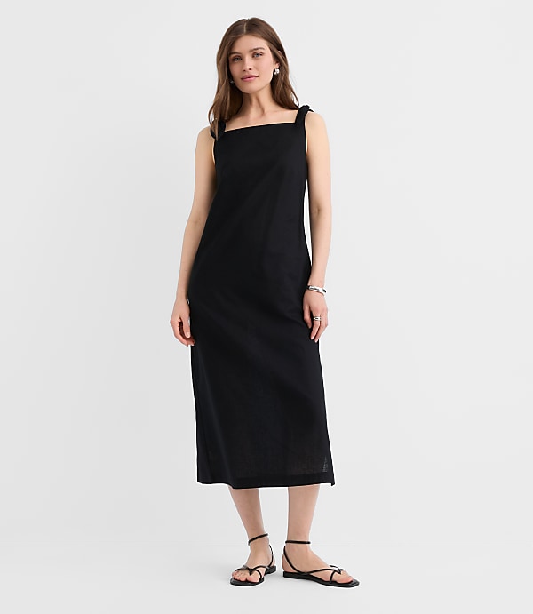 Linen Cotton Tie Boatneck Midi Dress