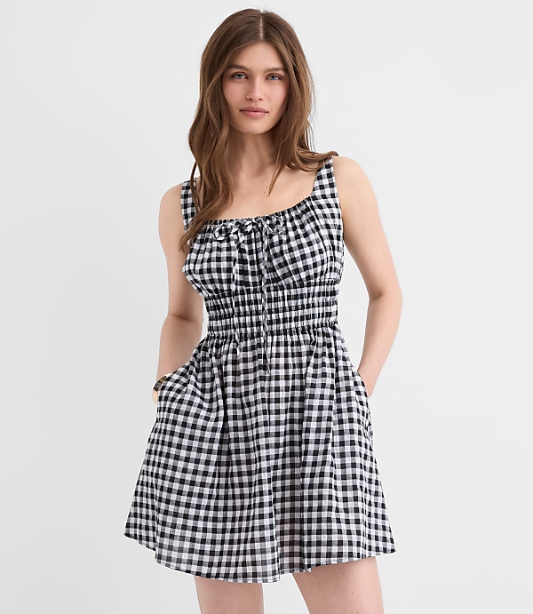Gingham Smocked Mini Pocket Dress