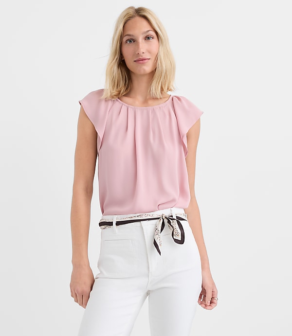 Petite Flutter Sleeve Mixed Media Blouse
