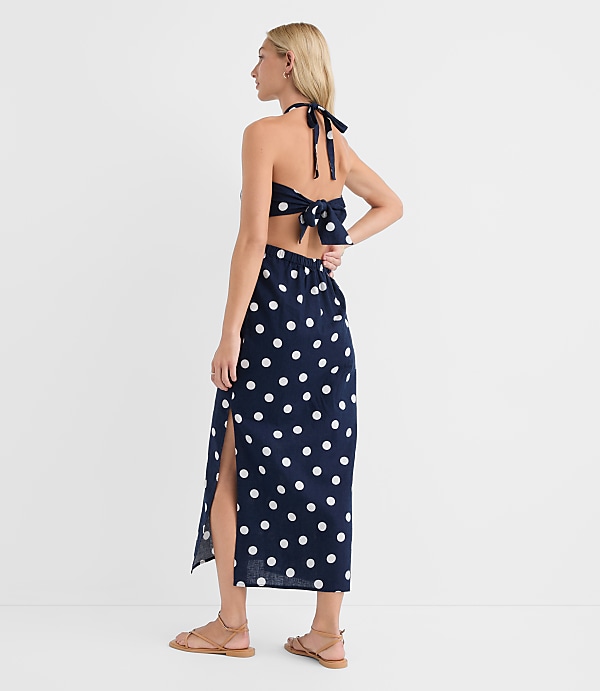 Petite LOFT Beach Polka Dot Linen Cotton Cutout Halter Maxi Dress