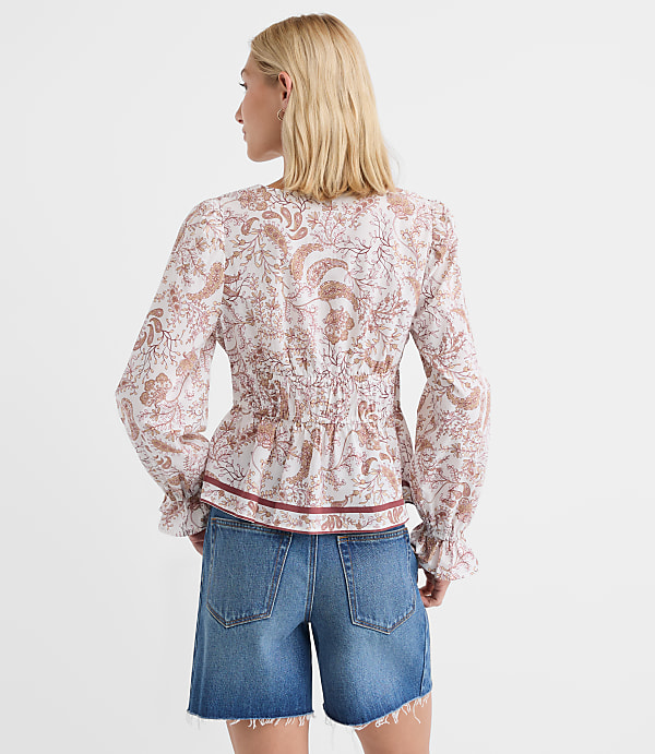 Petite Paisley Tie Waist V-Neck Blouse