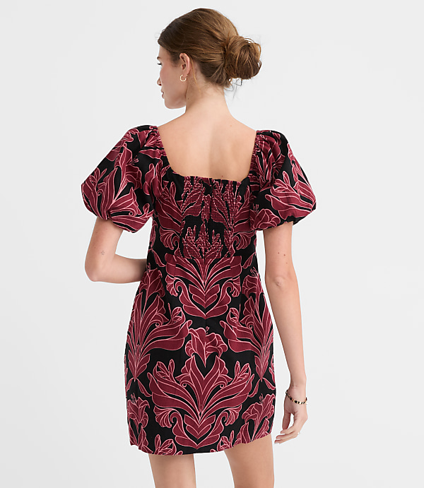 Petite Floral Linen Cotton Puff Sleeve Mini Pocket Dress