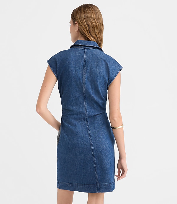 Petite Denim Ruched Mini Pocket Dress in Dark Wash