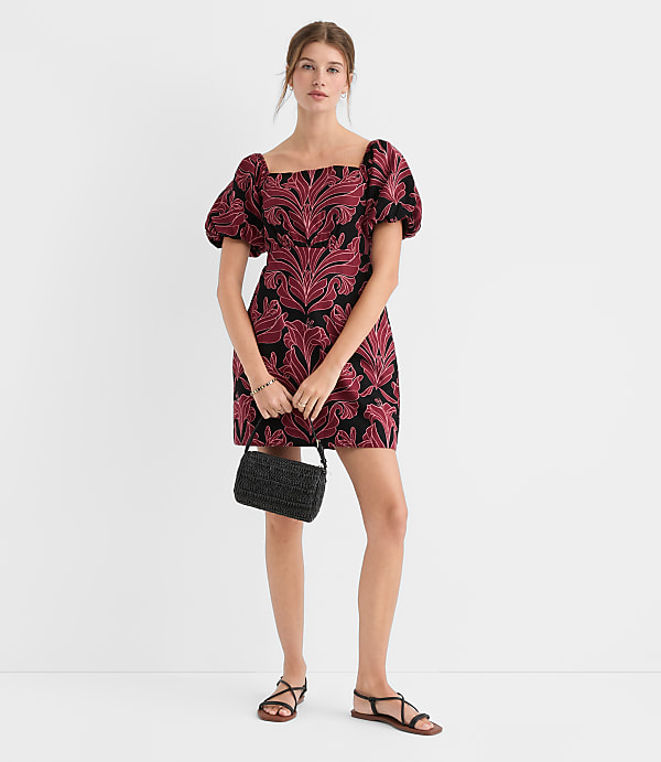 Floral Linen Cotton Puff Sleeve Mini Pocket Dress