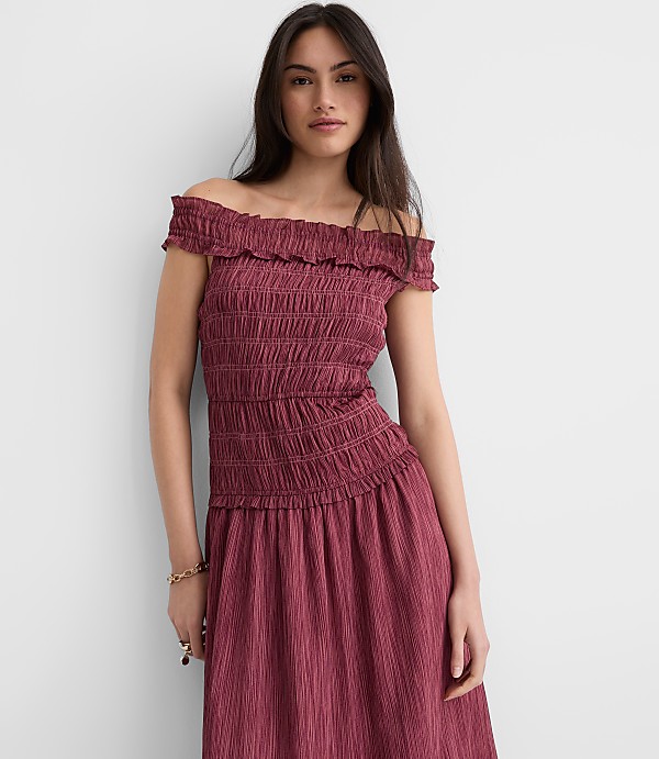 Petite Stripe Smocked Off The Shoulder Maxi Dress