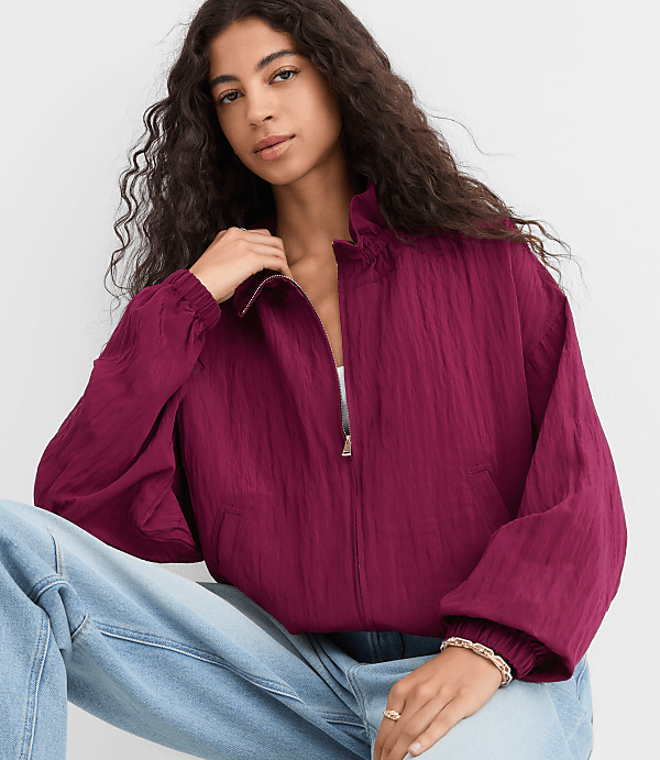 Petite Ruffle Collar Bomber Jacket