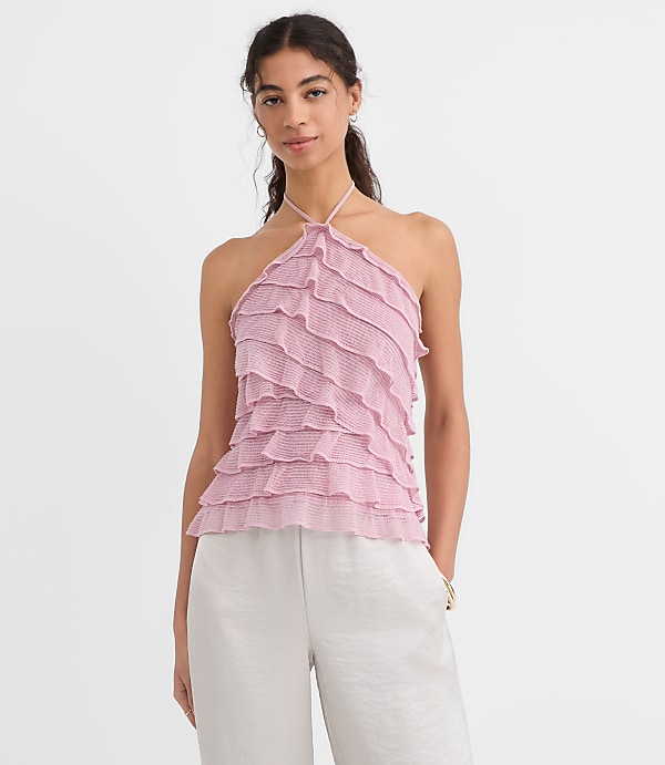 Mesh Ruffle Halter Top