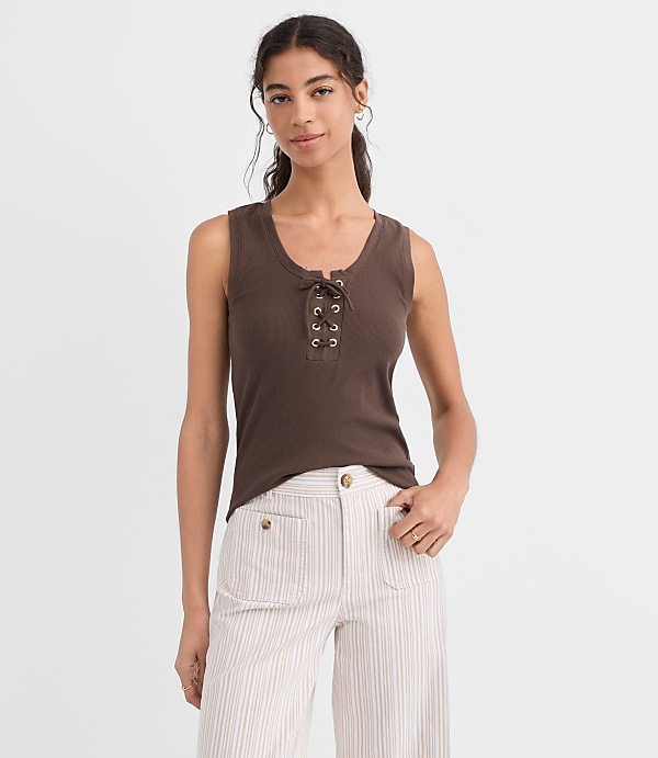 Petite Lace Up Perfect Ribbed Scoop Neck Tank Top
