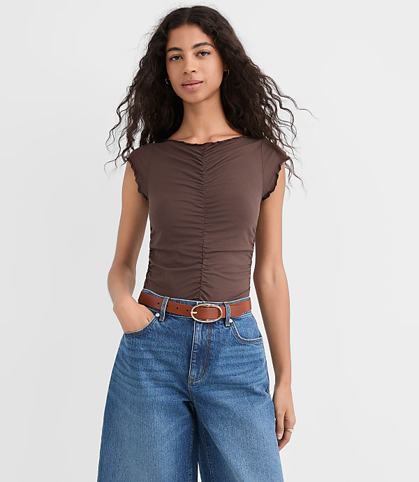 Petite Ruffle Trim Ruched Top