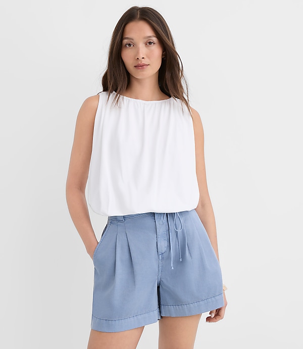 Petite Ruched Boatneck Bubble Hem Shell