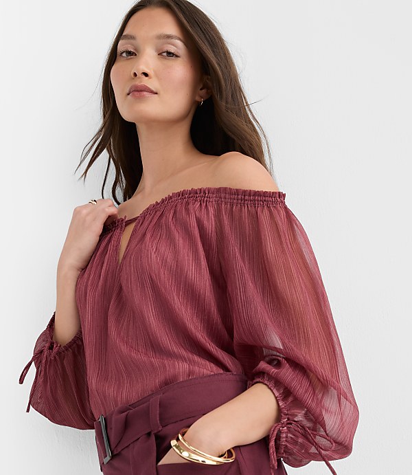 Petite Striped Tie Cuff Off The Shoulder Blouse