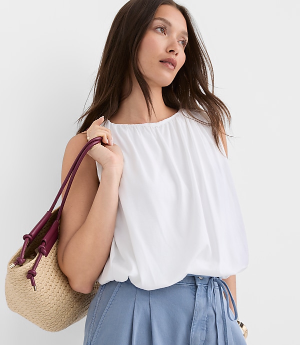 Petite Ruched Boatneck Bubble Hem Shell
