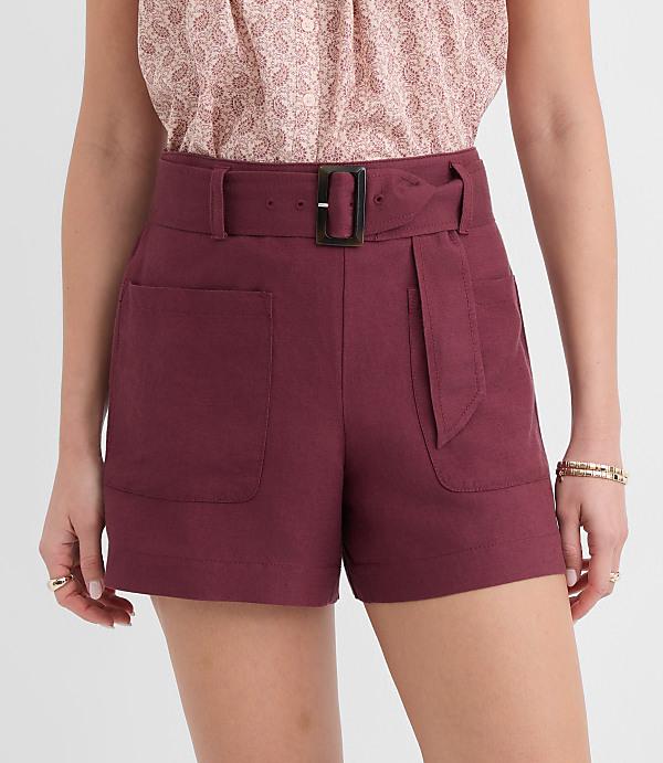Belted Patch Pocket Shorts in Linen Blend