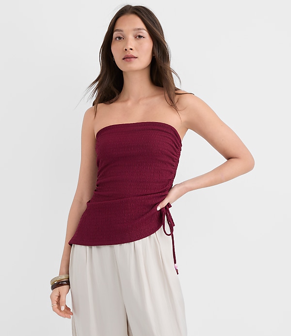 Beaded Ruched Asymmetric Strapless Top