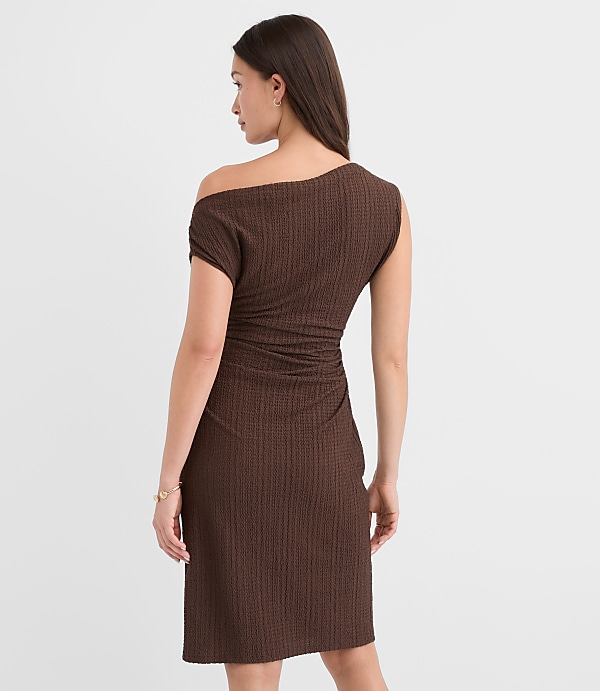 Stitchy Asymmetrical Ruched Mini Dress