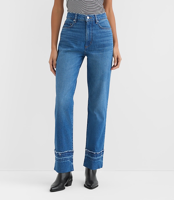 Rivete Petite Unpicked Cuffed High Rise Straight Jeans in Authentic Indigo