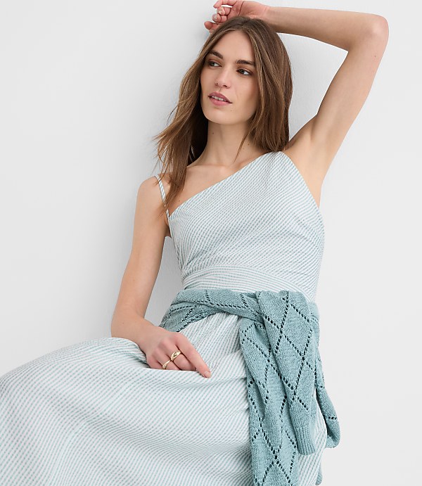 Stripe Asymmetrical Ruched Midi Dress