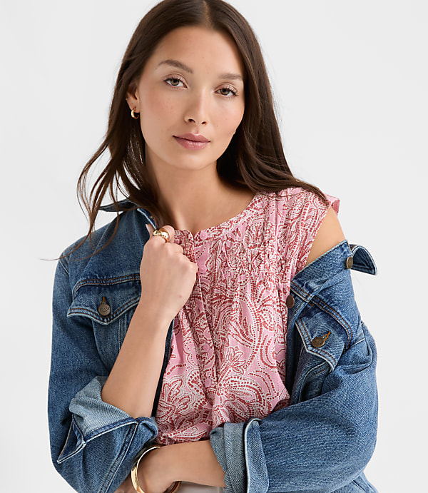 Floral Pleated Yoke Mixed Media Shell